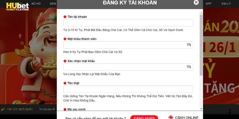 Điền thông tin đăng ký tại HUBET 